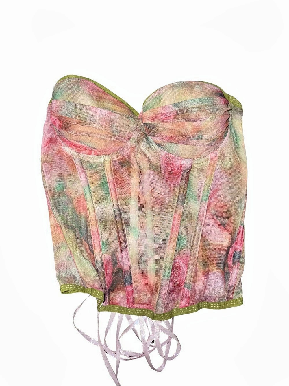 Romwe Pink Floral Embroidered Mesh Corset Crop Top Pink & Green Like New